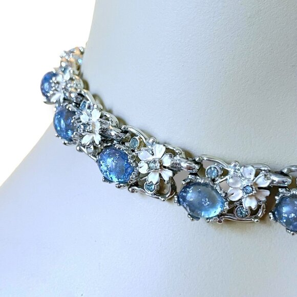 Vintage 1950s Choker Necklace Blue Rhinestone Confetti Lucite Floral Enamel READ - Picture 14 of 16